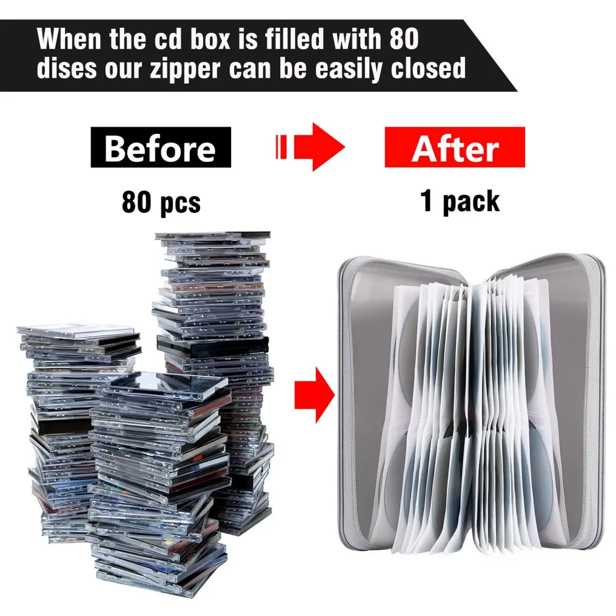 Siveit 80 Capacity CD Case Holder - Silver Hard Plastic DVD Wallet with Zipper - view 4