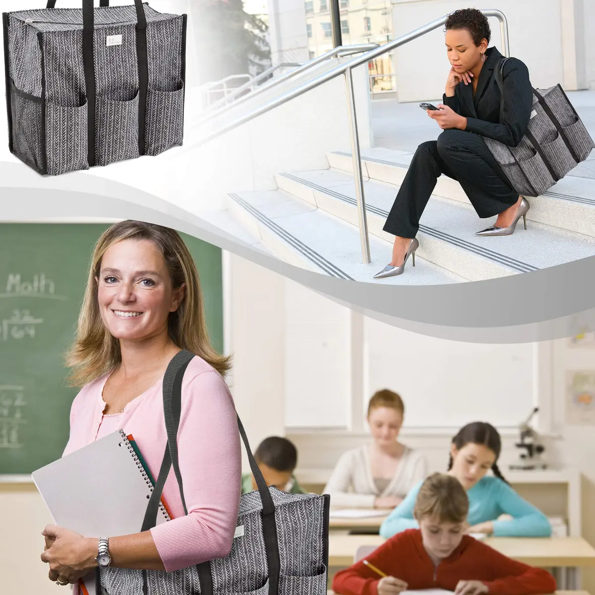 Pursetti Tote Bag with Pockets & Compartments | Stylish Nurse & Teacher Utility Tote (Herringbone, Medium) - view 6