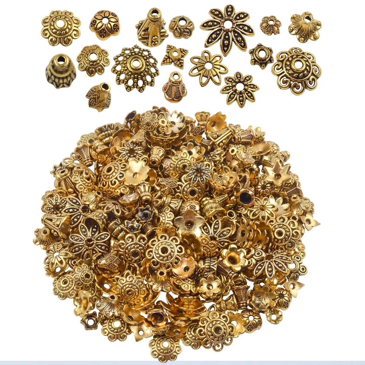 BronaGrand Bali Style Jewelry Bead Caps 100g | Antique Gold, 250-350 pcs, Metal - main product image