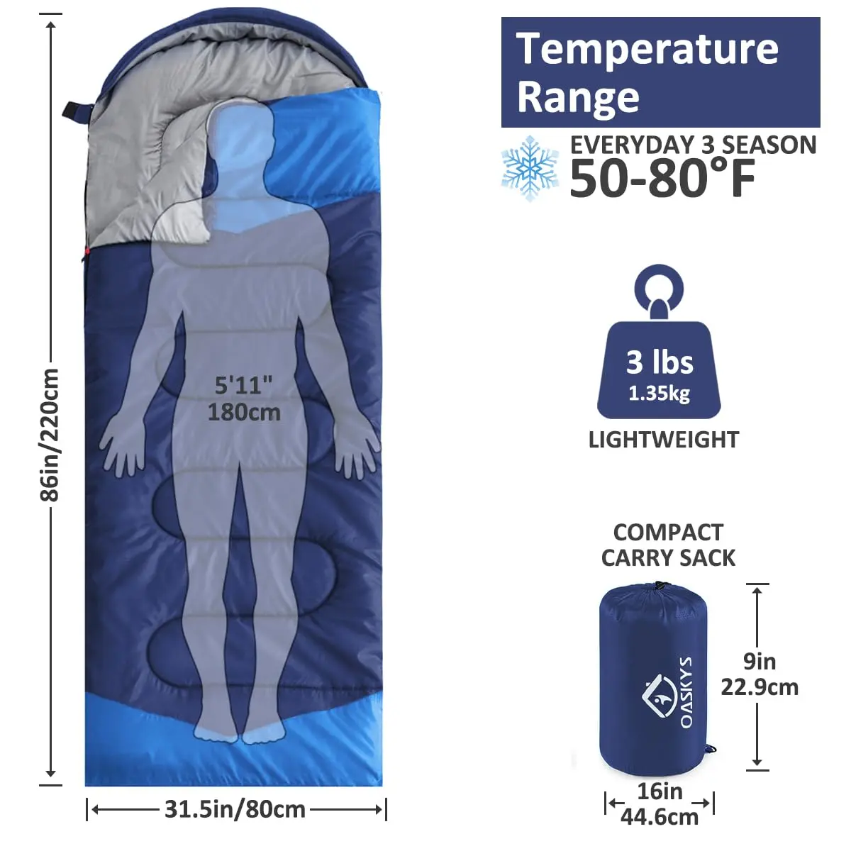 oaskys Camping Sleeping Bag 3 Seasons | Waterproof & Lightweight for Adults Kids - view 2