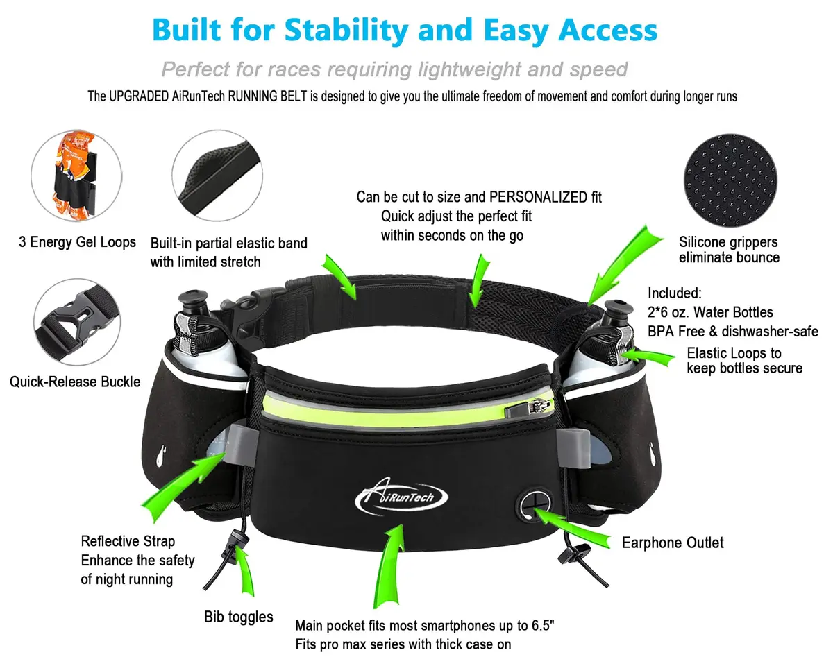 AiRunTech Hydration Running Belt with 2x 175ml Bottles, Phone Holder Fanny Pack for Marathon & Triathlon Gear | 46-130cm Waist - view 4