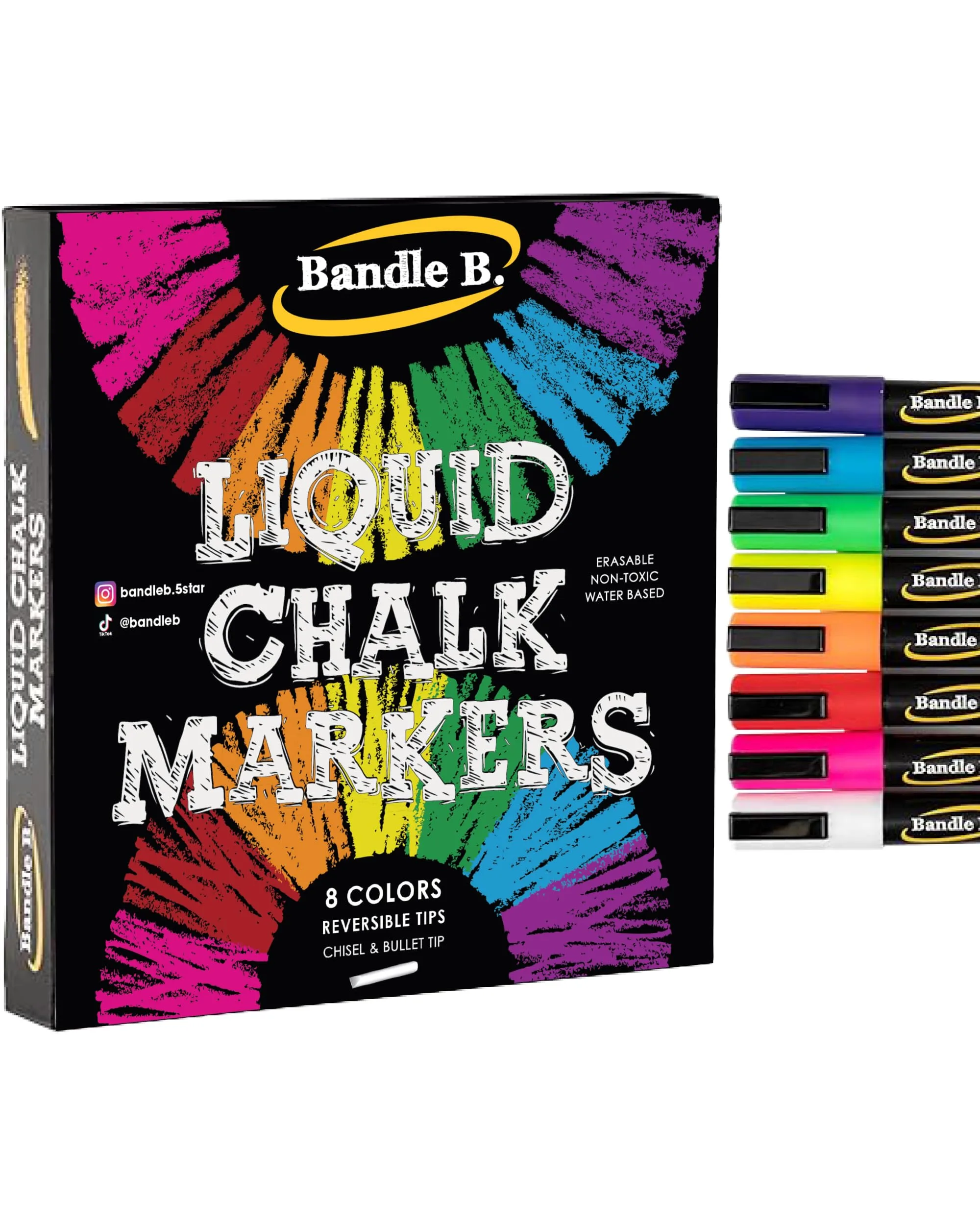 Bandle B. Liquid Chalk Markers Assorted Colors 6mm Tip (Pack of 8) | Vibrant, Erasable, Non-Toxic - main product image