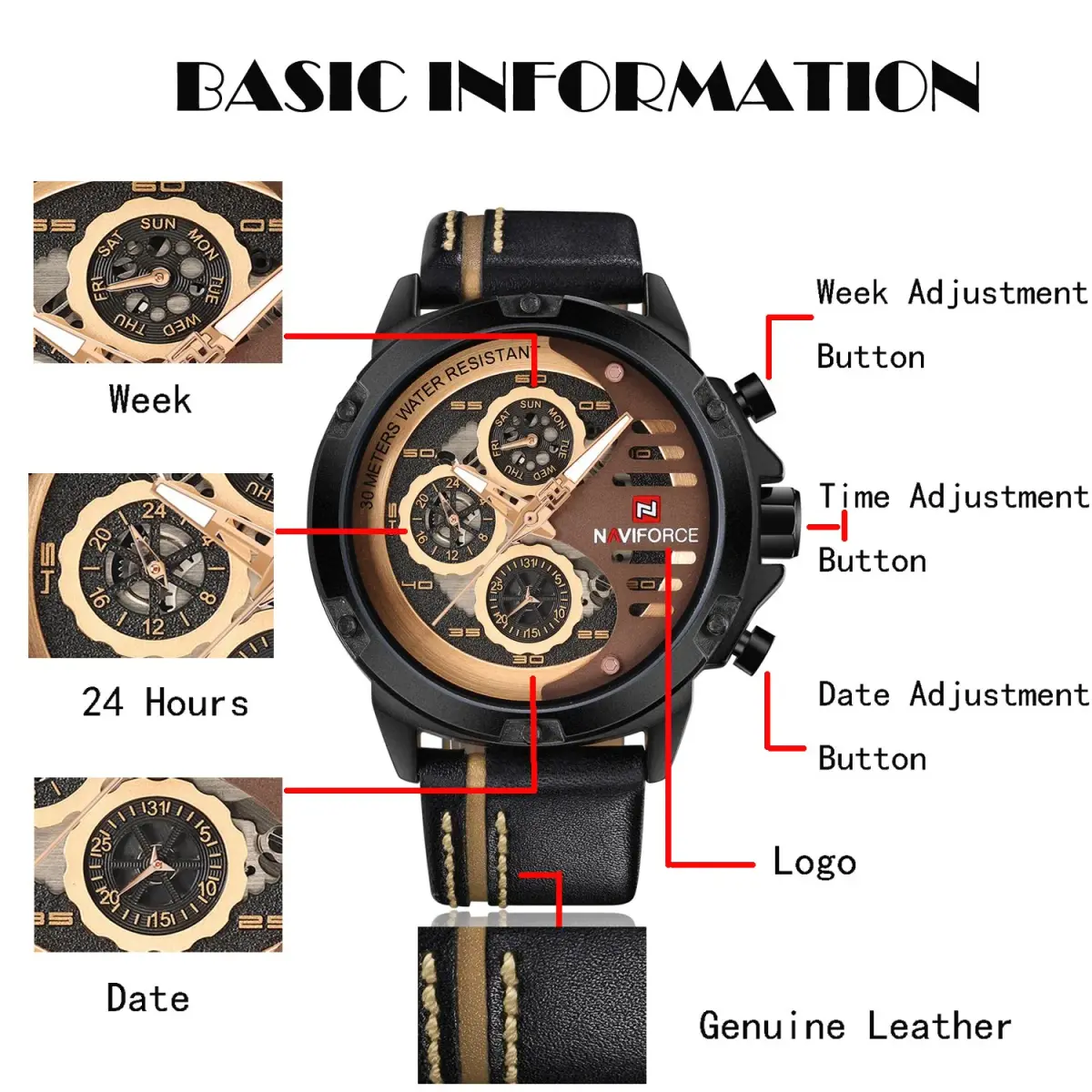 NAVIFORCE Sport Military Watch for Men, 48mm Case, Genuine Leather Band | Analog Digital Display, 3ATM Water Resistant - view 2