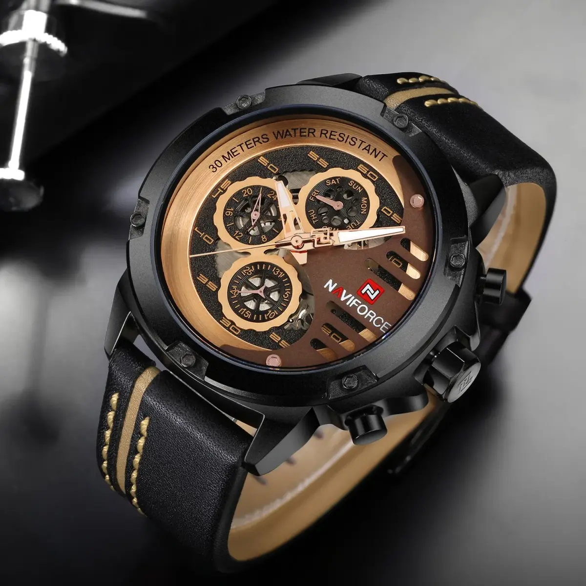 NAVIFORCE Sport Military Watch for Men, 48mm Case, Genuine Leather Band | Analog Digital Display, 3ATM Water Resistant - view 4