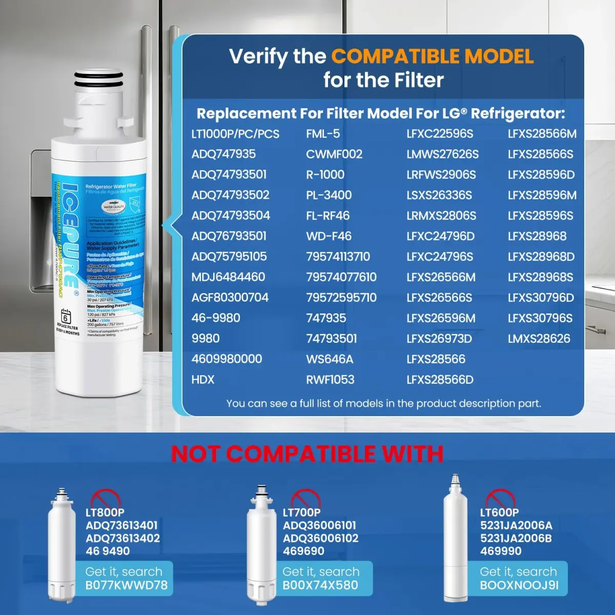 ICEPURE LT1000PC Refrigerator Water Filter and LT120F Air Filter Combo 3-Pack | NSF Certified for Safe Drinking Water - view 2