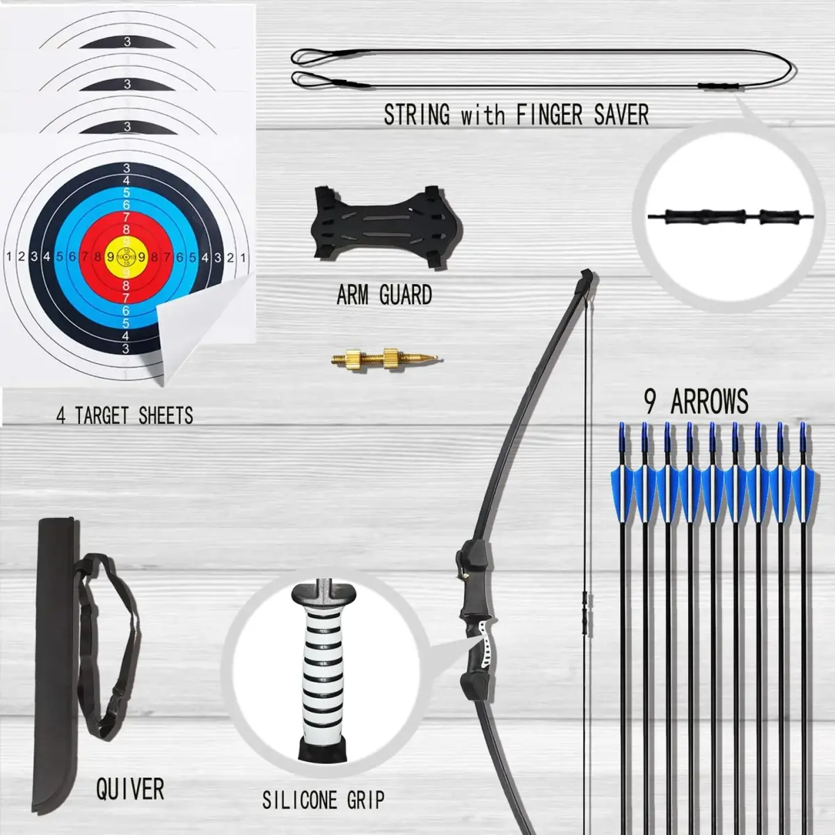 Mxessua 45" Youth Bow and Arrows Set Black | Beginner Recurve Archery Kit with 9 Arrows, Arm Guard, Quiver, Target Faces - view 3