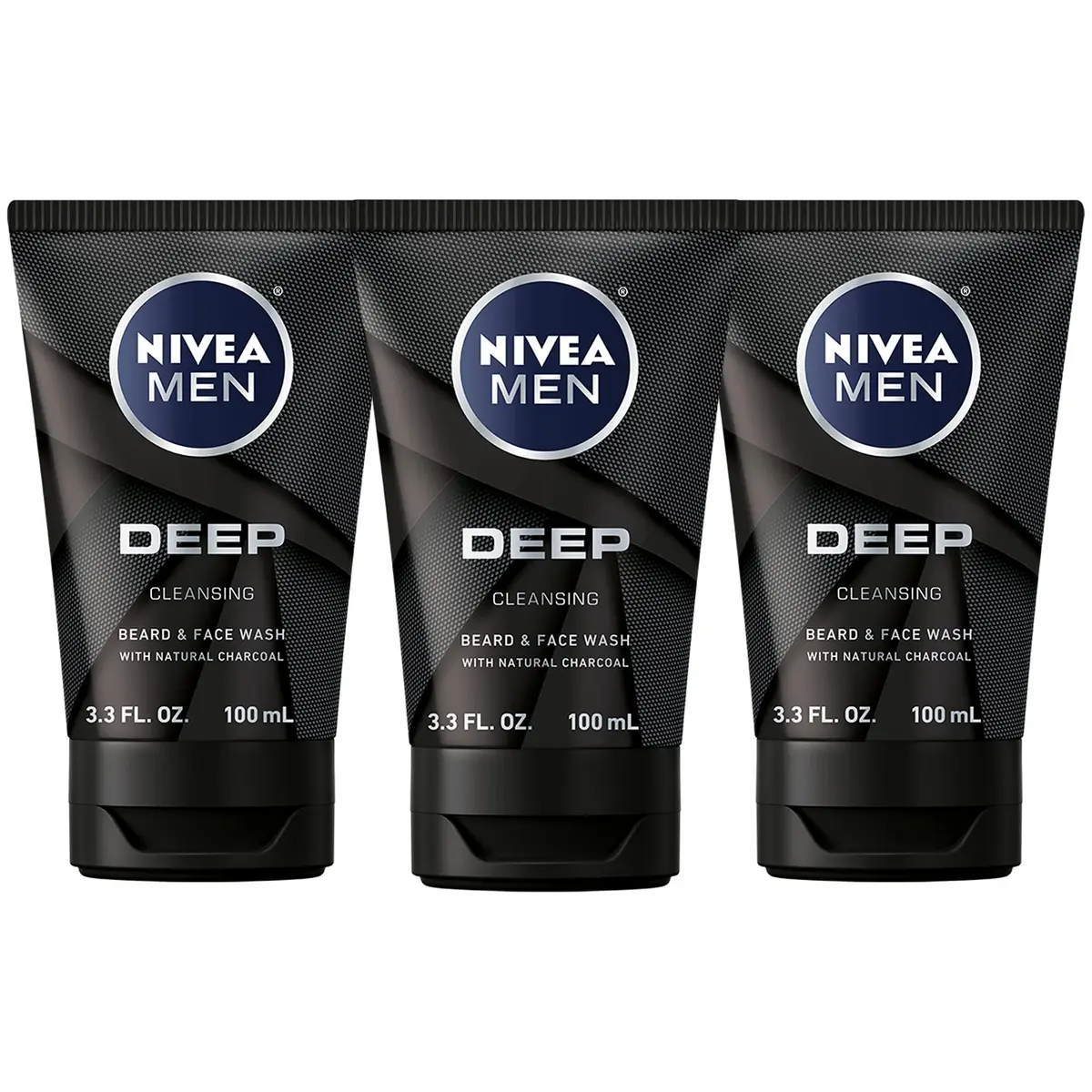 NIVEA MEN DEEP Cleansing Beard and Face Wash 295ml (3 x 3.3 Fl Oz) | Natural Charcoal for Deep Clean - main product image