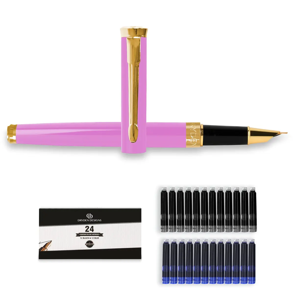 Dryden Designs Fine Nib Fountain Pen - Pink, 0.5mm Line Size | Smooth Elegant Writing with 24 Ink Cartridges - main product image