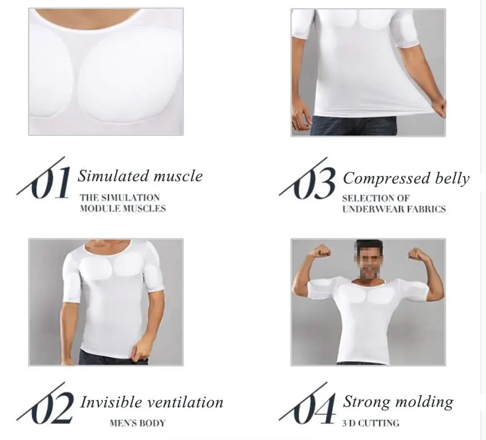 Ypnrd Fake Muscle Suit Shirt Men's Long Sleeve White Medium | Detachable Muscle Pads for Enhanced Physique - view 2