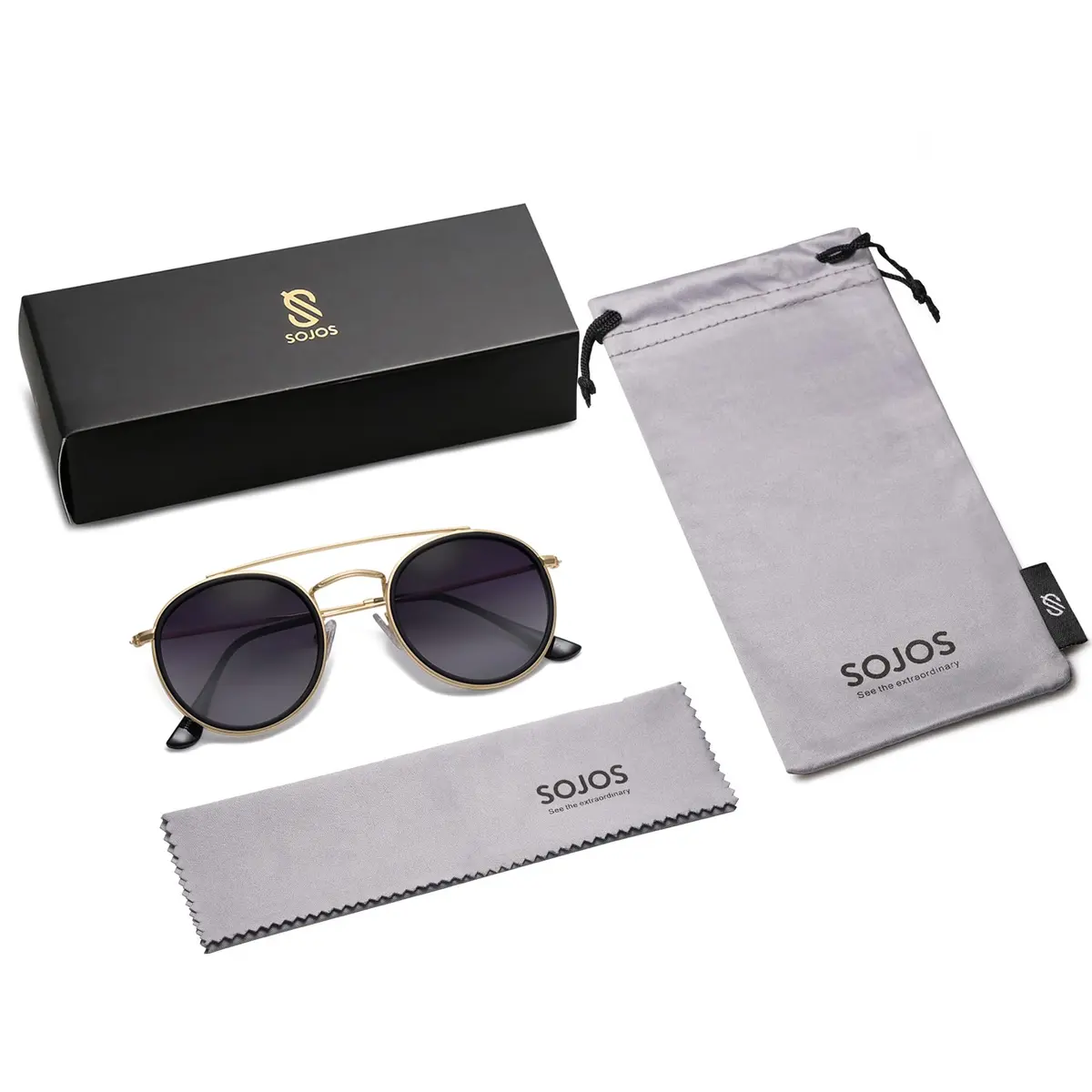 SOJOS Retro Vintage Round Polarized Sunglasses for Women Men Small Double Bridge Circle Sunnies Gold/Grey | UV400 Polarized - view 5