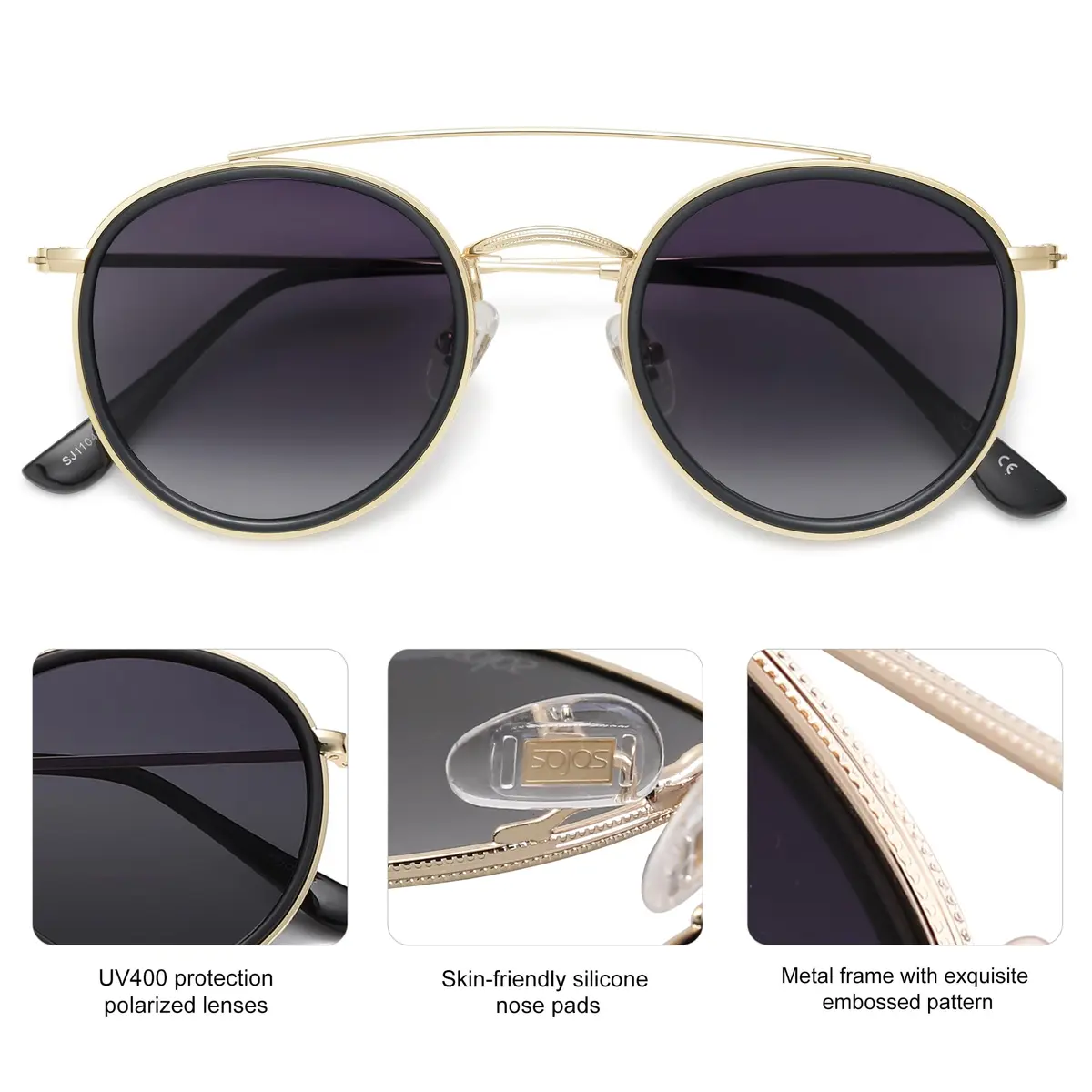 SOJOS Retro Vintage Round Polarized Sunglasses for Women Men Small Double Bridge Circle Sunnies Gold/Grey | UV400 Polarized - view 3