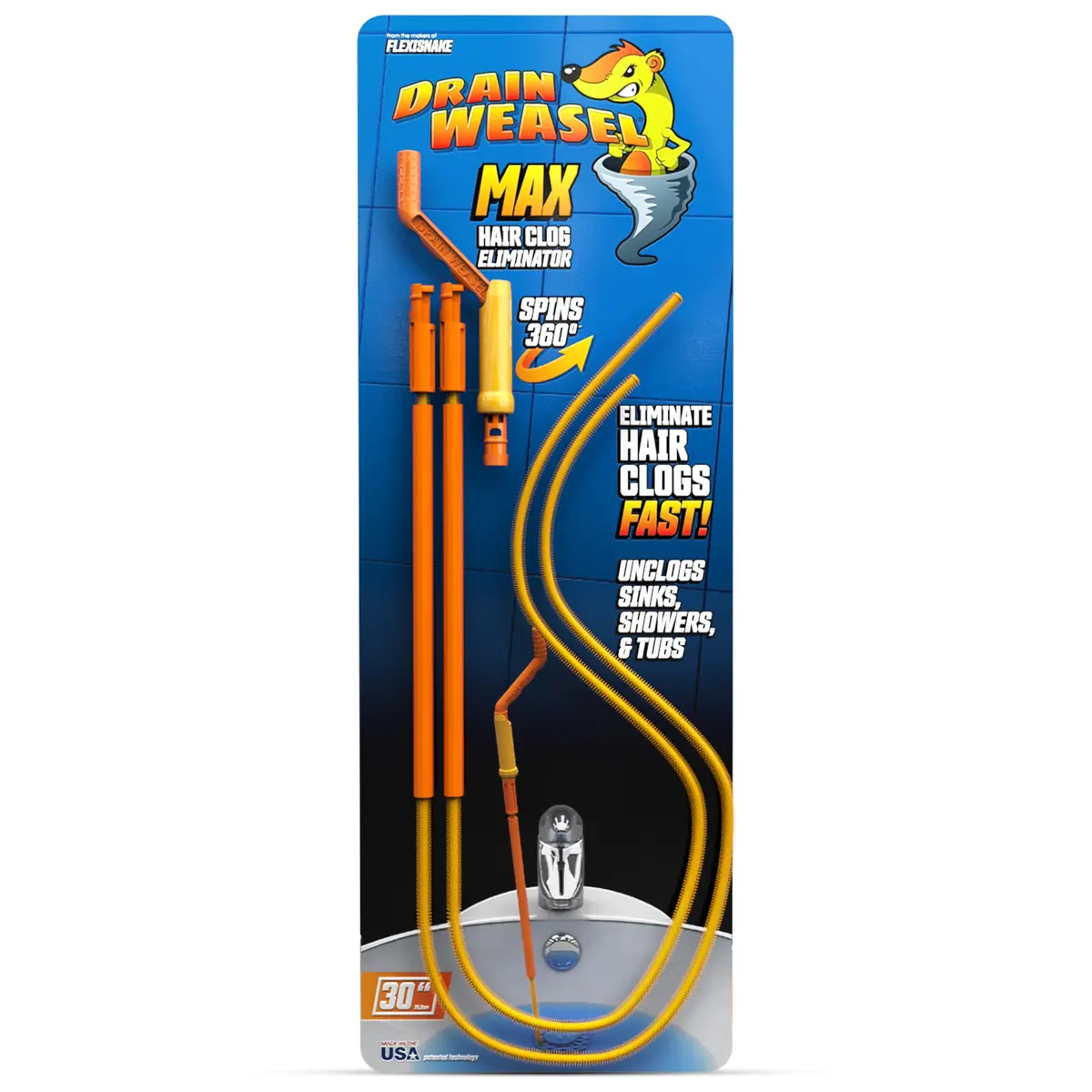 FlexiSnake Drain Weasel Max Sink Snake Hair Clog Remover Tool, 2 Wands | 30" Ultra-Thin Pipe Cleaner for Fast Drain Unclogging - main product image