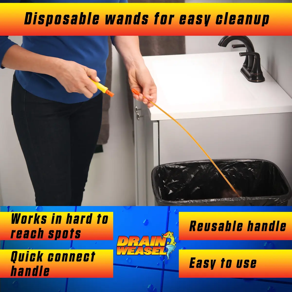 FlexiSnake Drain Weasel Max Sink Snake Hair Clog Remover Tool, 2 Wands | 30" Ultra-Thin Pipe Cleaner for Fast Drain Unclogging - view 5
