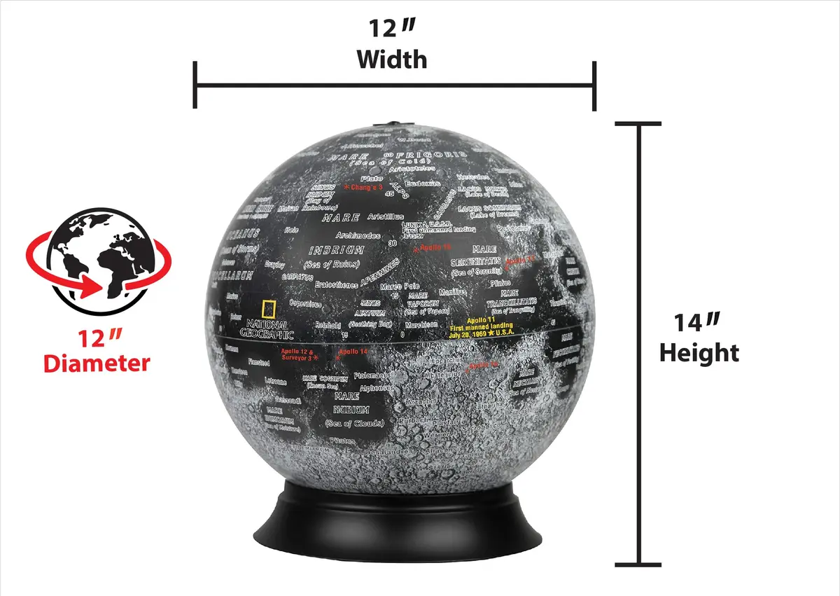 Replogle Globes National Geographic Illuminated Moon Globe 12" | Apollo 11 Moon Landing Special Edition with 900+ Locations - view 2