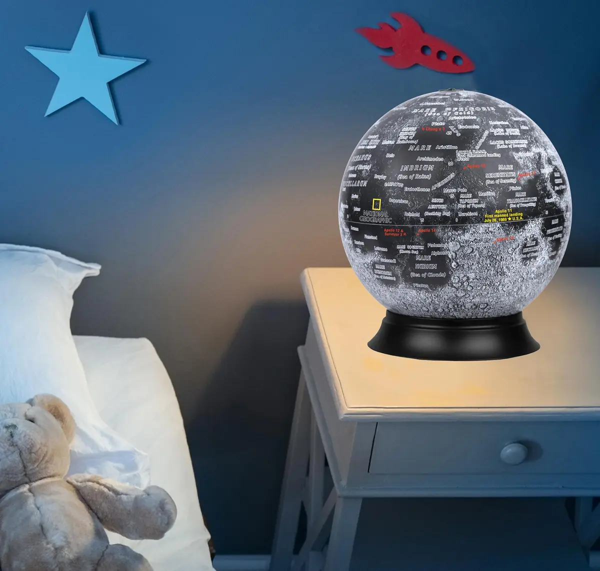 Replogle Globes National Geographic Illuminated Moon Globe 12" | Apollo 11 Moon Landing Special Edition with 900+ Locations - view 3