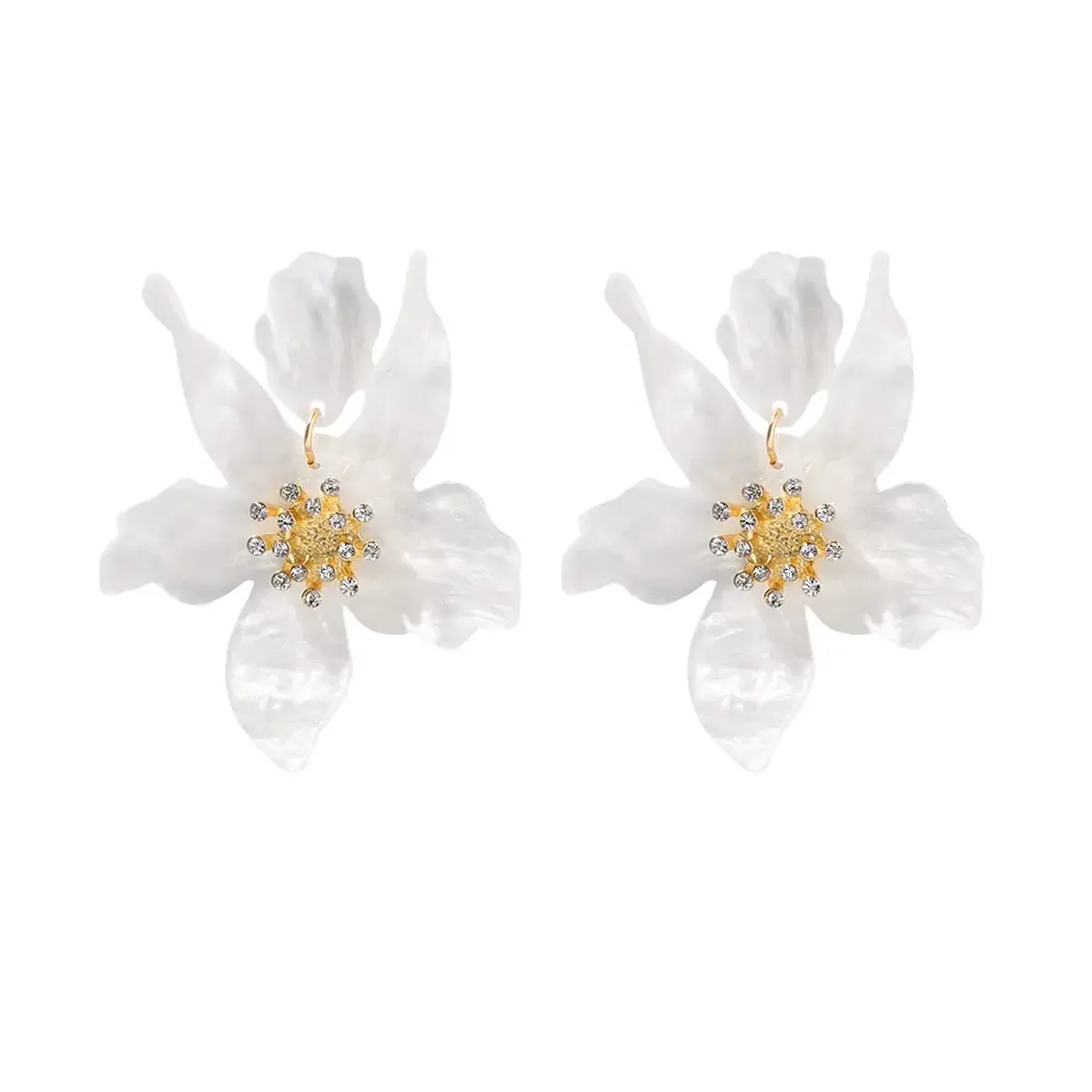 Artilady Boho Stud Earrings for Women - White Flower Statement Earrings with Gold Flower Bud, Acrylic Resin, Large | Chic Bohemian Style - main product image