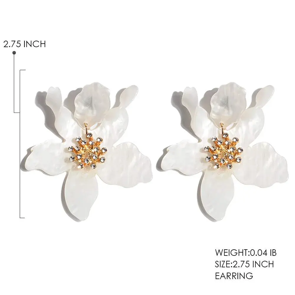 Artilady Boho Stud Earrings for Women - White Flower Statement Earrings with Gold Flower Bud, Acrylic Resin, Large | Chic Bohemian Style - view 3