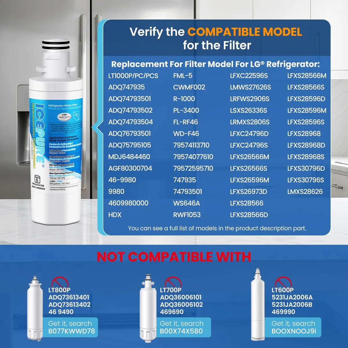 ICEPURE LT1000P Refrigerator Water Filter & LT120F Air Filter Combo | 200 Gallons (6 Months) Filtration - view 2