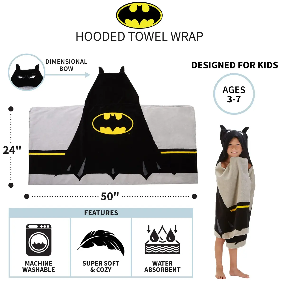 Franco Batman Hooded Towel Wrap 64cm x 127cm (25" x 50") | Super Soft Cotton Terry for Bath, Pool, Beach - view 4