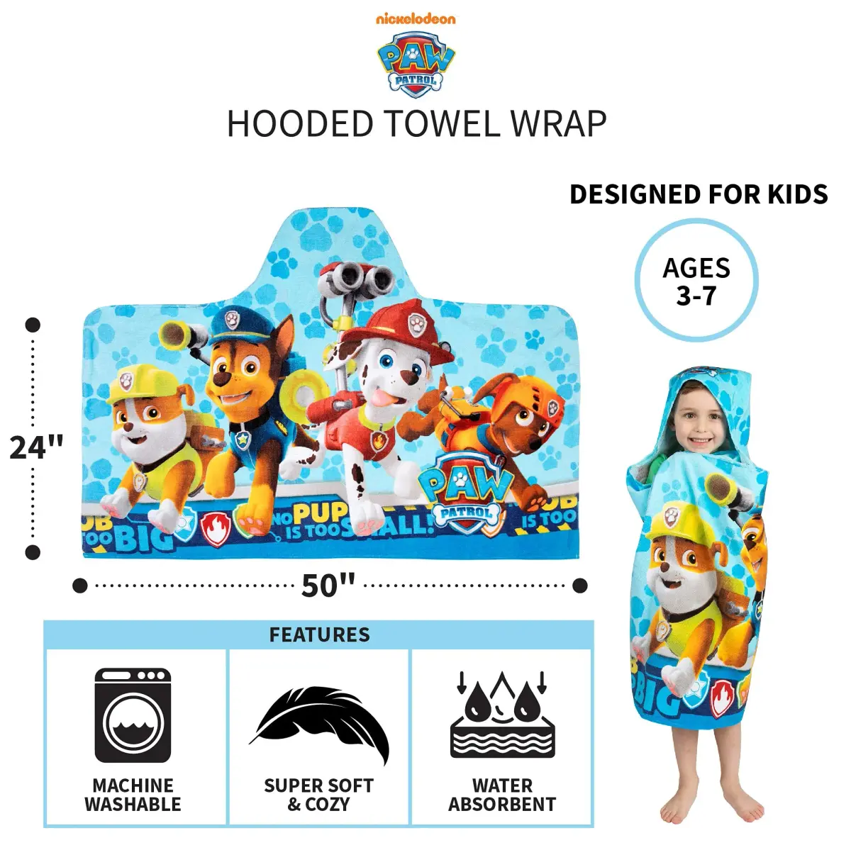 Franco Paw Patrol Hooded Towel Wrap 60cm x 127cm | Soft Cotton Terry for Bath, Pool, Beach - view 5
