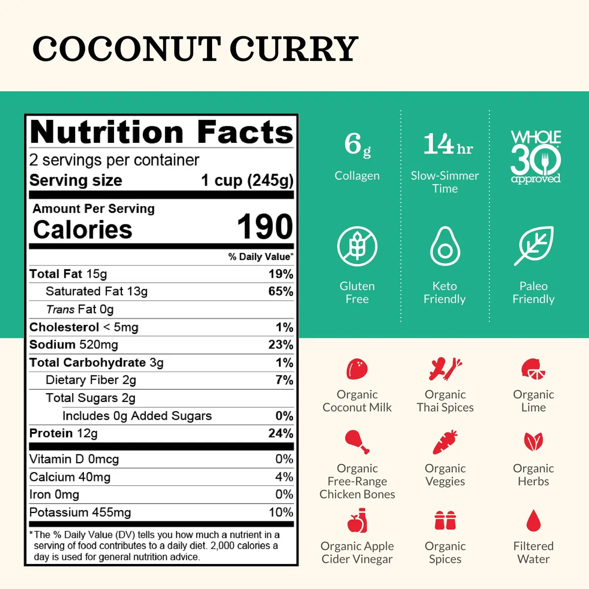 Kettle & Fire Coconut Curry & Lime Chicken Bone Broth 16.9oz (3 Pack) | High in Protein & Collagen, Keto & Paleo Approved - view 2