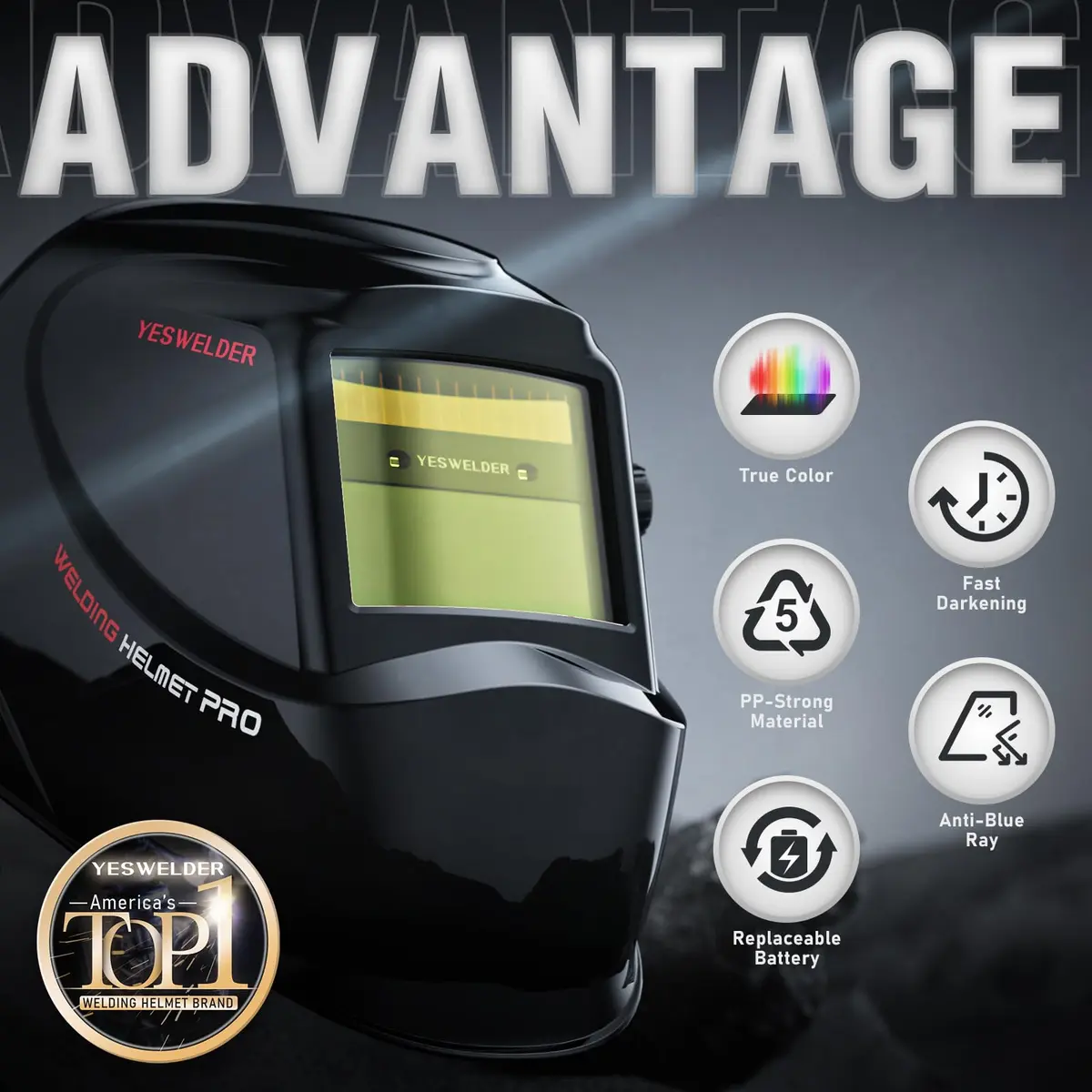 YESWELDER LYG-L600A Auto Darkening Welding Helmet True Color 1/1/1/1 Optical Clarity | 92.5mm x 42.5mm Viewing Area - view 2