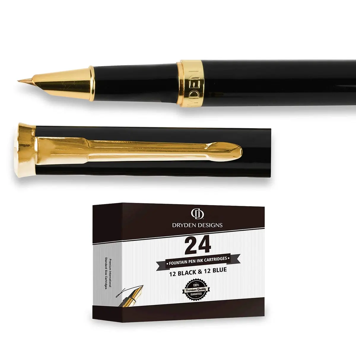 Dryden Designs Fine Nib Fountain Pen - Black - 0.5mm Line Size | Smooth Elegant Writing with 24 Ink Cartridges - view 4