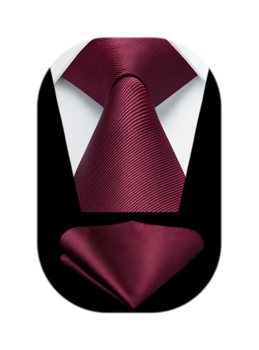 HISDERN Mens Burgundy Ties & Pocket Square Set | Classic Satin Silk Formal Neckwear (3.35 inch x 59 inch) - main product image