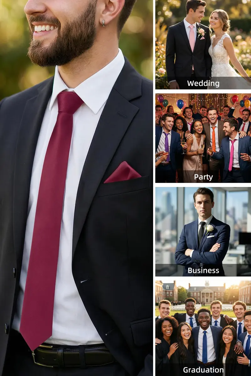 HISDERN Mens Burgundy Ties & Pocket Square Set | Classic Satin Silk Formal Neckwear (3.35 inch x 59 inch) - view 5