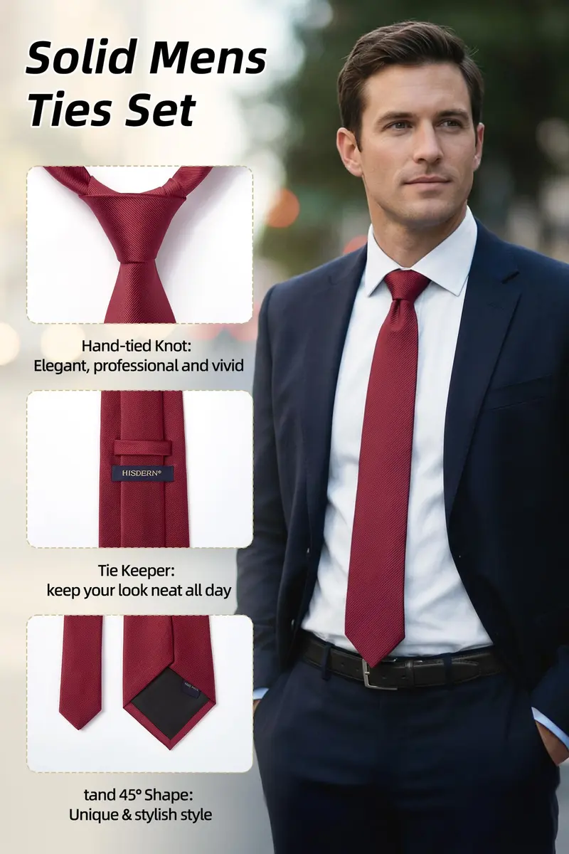 HISDERN Mens Burgundy Ties & Pocket Square Set | Classic Satin Silk Formal Neckwear (3.35 inch x 59 inch) - view 2