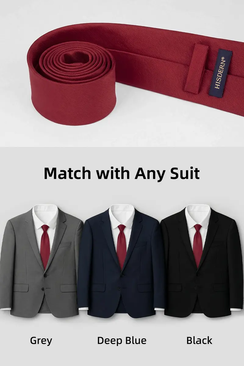 HISDERN Mens Burgundy Ties & Pocket Square Set | Classic Satin Silk Formal Neckwear (3.35 inch x 59 inch) - view 3