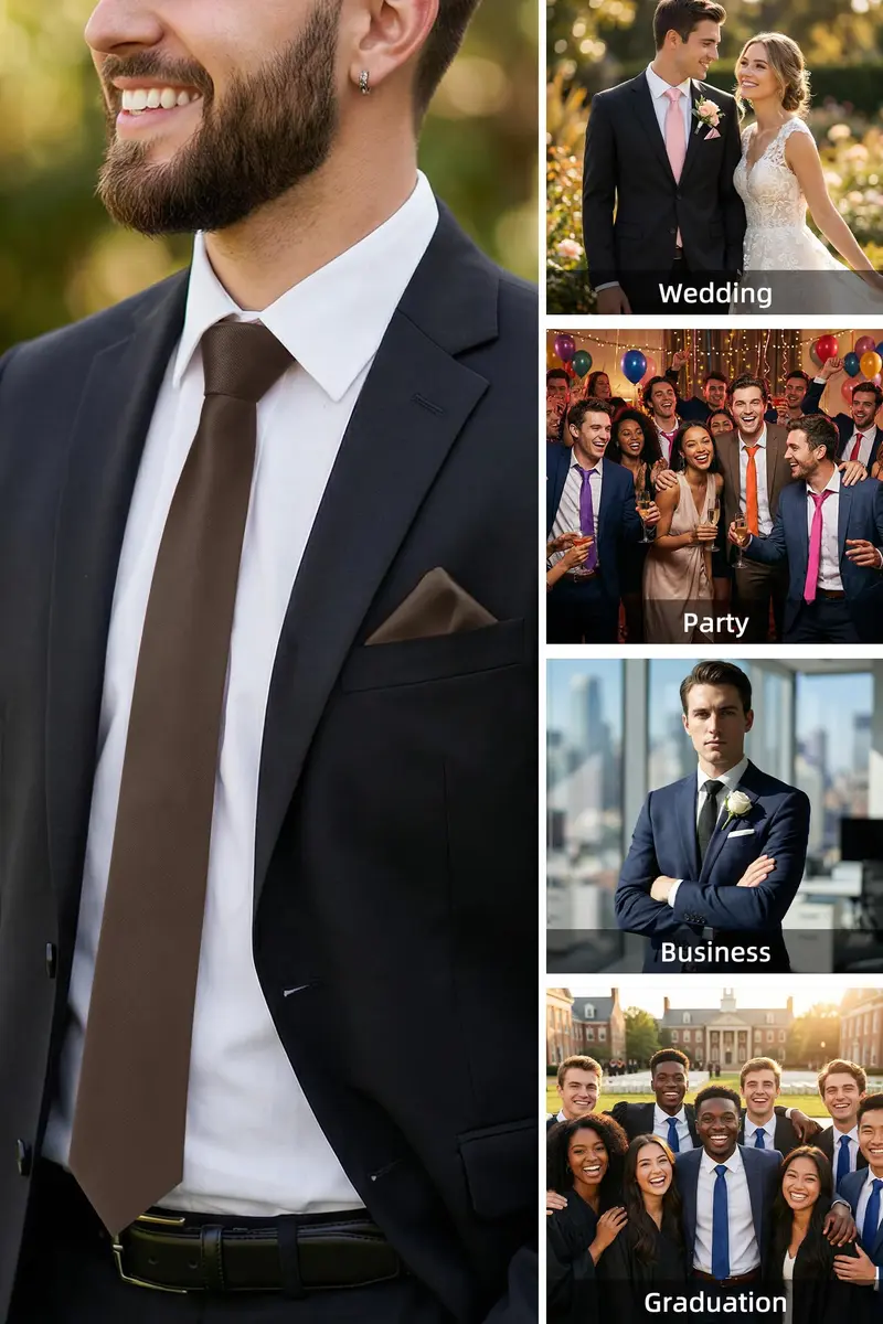 HISDERN Mens Ties Brown Ties for Men Chocolate Necktie with Pocket Square Set Formal Satin Silk Solid Dark Tie Handkerchief Classic Wedding Plain Neck Tie Set | Elegant, Durable, Perfect for Special Occasions - view 5