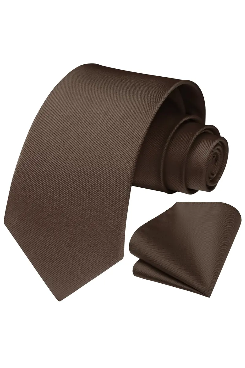 HISDERN Mens Ties Brown Ties for Men Chocolate Necktie with Pocket Square Set Formal Satin Silk Solid Dark Tie Handkerchief Classic Wedding Plain Neck Tie Set | Elegant, Durable, Perfect for Special Occasions - view 6