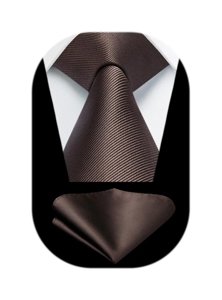 HISDERN Mens Ties Brown Ties for Men Chocolate Necktie with Pocket Square Set Formal Satin Silk Solid Dark Tie Handkerchief Classic Wedding Plain Neck Tie Set | Elegant, Durable, Perfect for Special Occasions - main product image