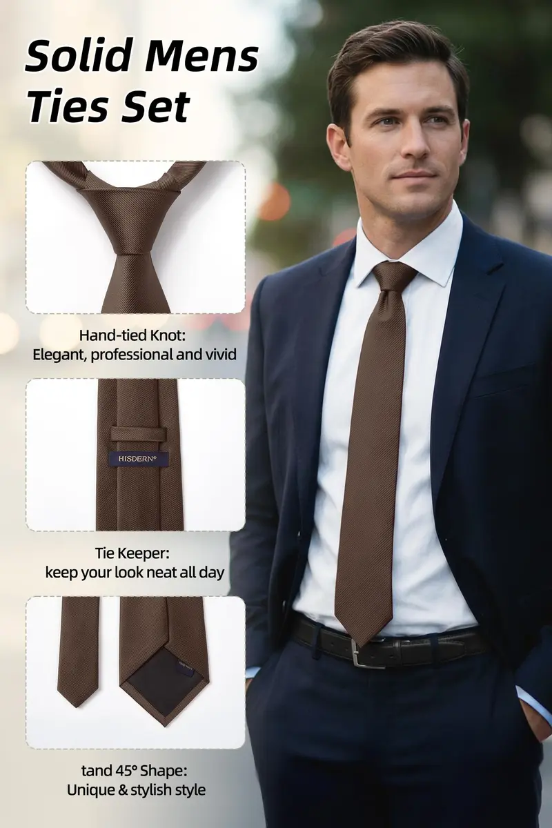 HISDERN Mens Ties Brown Ties for Men Chocolate Necktie with Pocket Square Set Formal Satin Silk Solid Dark Tie Handkerchief Classic Wedding Plain Neck Tie Set | Elegant, Durable, Perfect for Special Occasions - view 2