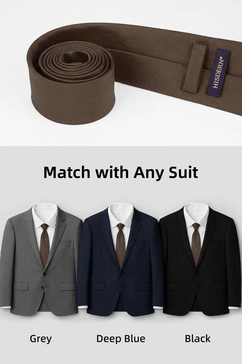 HISDERN Mens Ties Brown Ties for Men Chocolate Necktie with Pocket Square Set Formal Satin Silk Solid Dark Tie Handkerchief Classic Wedding Plain Neck Tie Set | Elegant, Durable, Perfect for Special Occasions - view 3