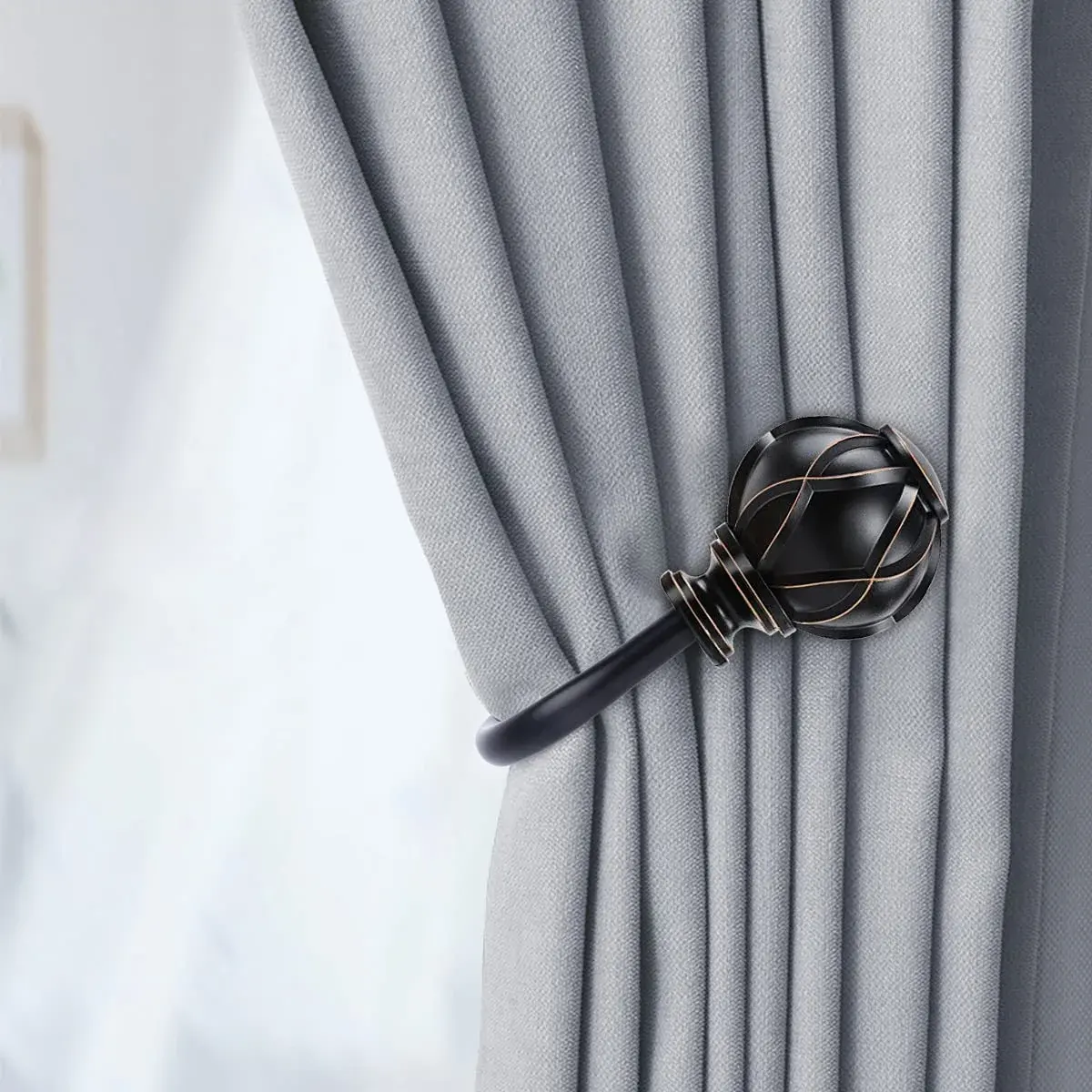KAMANINA Decorative Curtain Holdbacks 2 Pack Black | Vintage Netted Texture Finials - view 2