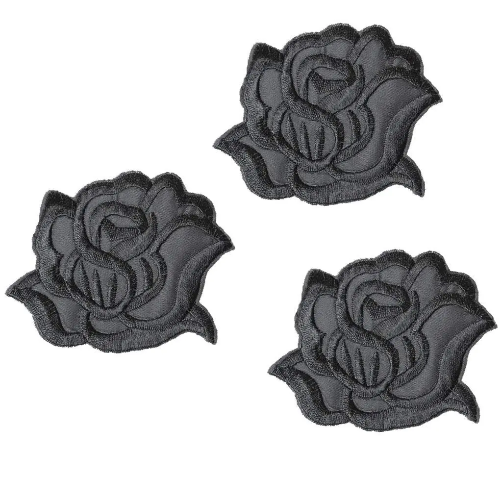 U-Sky Gothic Floral Embroidered Patch 3.1"x2.4" Pack of 3 | Elegant Dark Rose Design for DIY Fashion - main product image