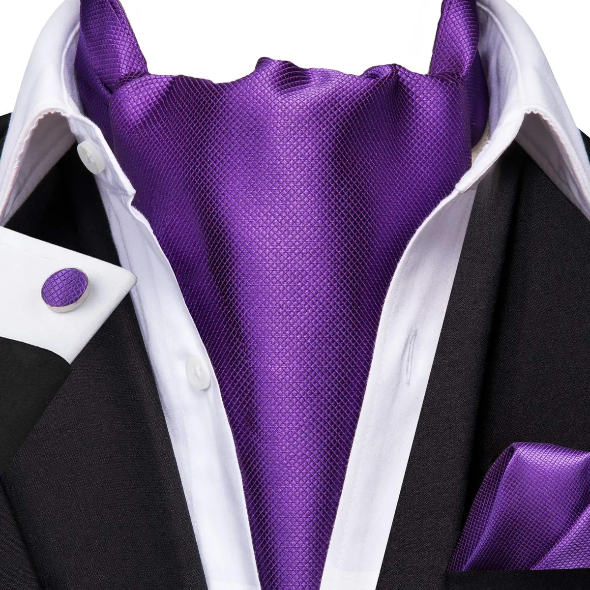 Dubulle Paisley Floral Ascot Set for Men with Pocket Square & Cufflinks, Solid Purple | Self-Tie Cravat - view 2