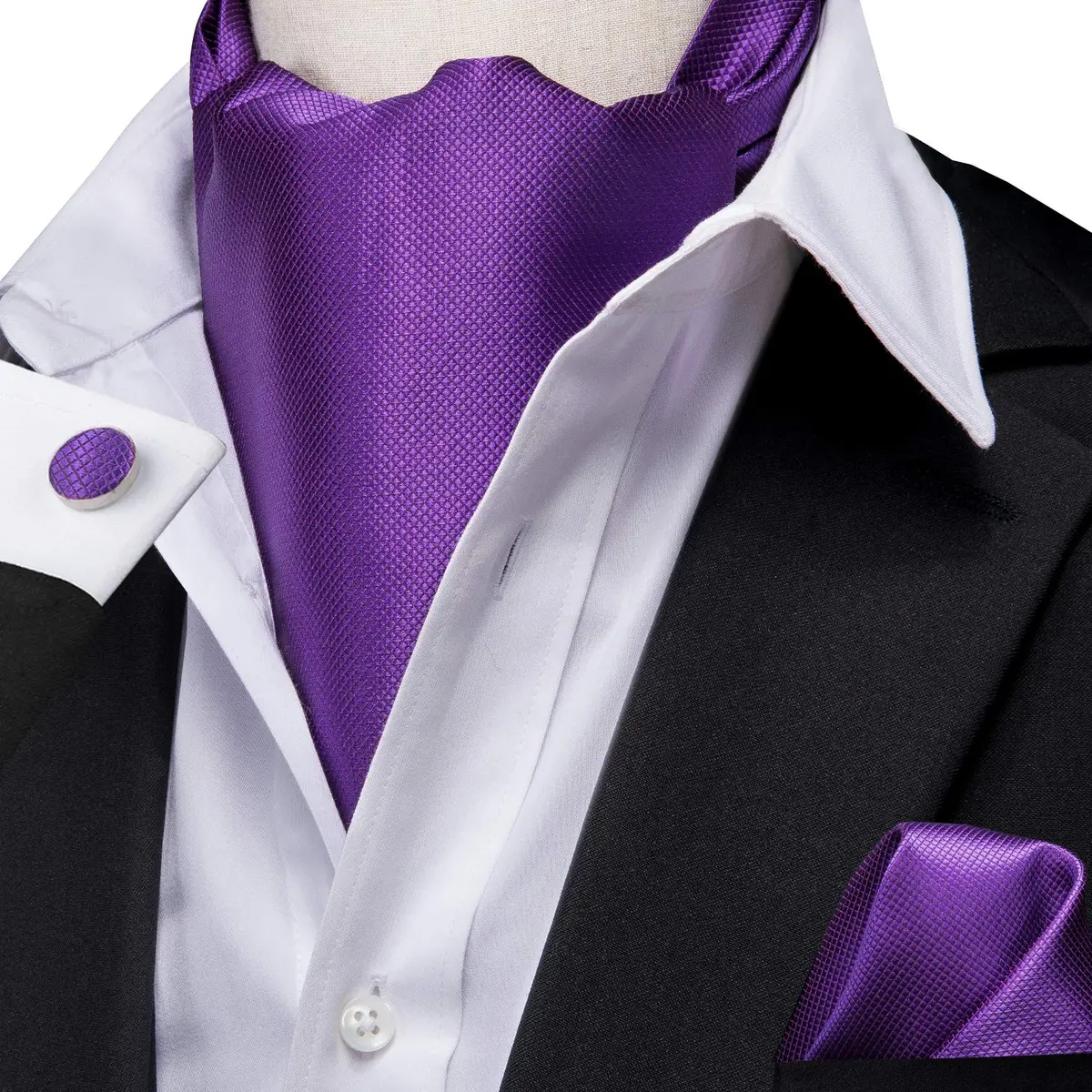 Dubulle Paisley Floral Ascot Set for Men with Pocket Square & Cufflinks, Solid Purple | Self-Tie Cravat - view 3