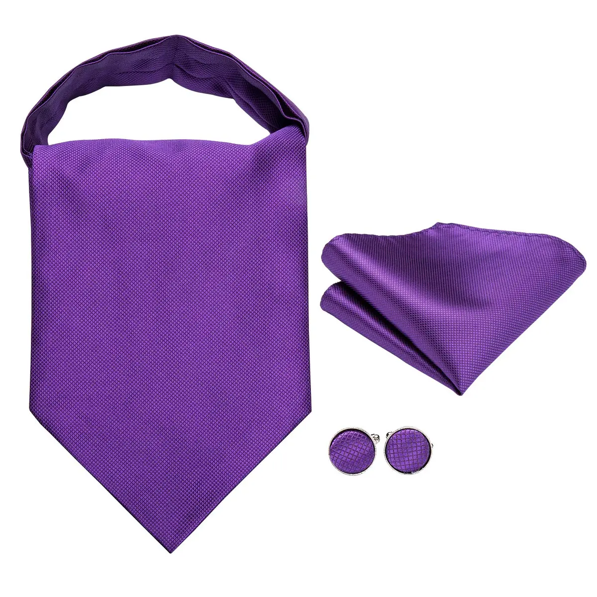 Dubulle Paisley Floral Ascot Set for Men with Pocket Square & Cufflinks, Solid Purple | Self-Tie Cravat - view 4