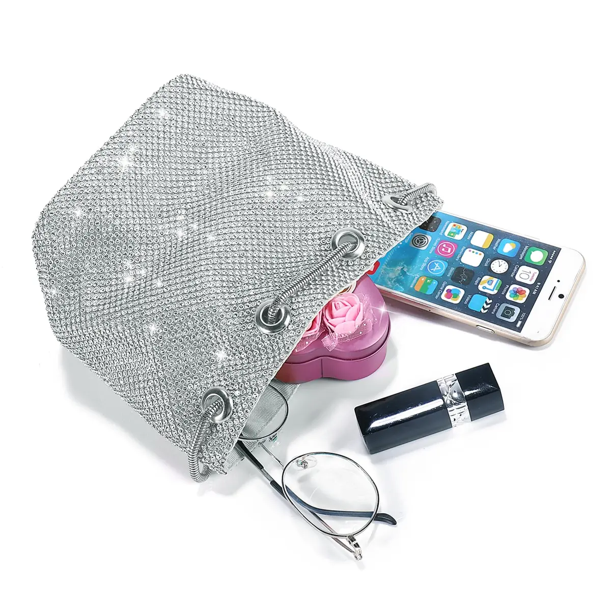 JIAN YA NA Full Rhinestones Bucket Bag for Women 15x11x16cm | Evening Bag with Long Chain for Wedding & Party - view 6