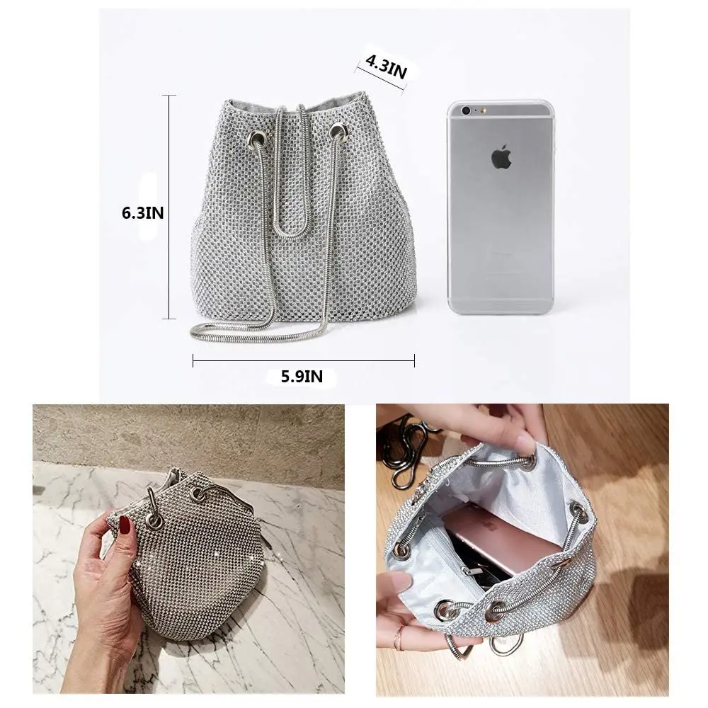 JIAN YA NA Full Rhinestones Bucket Bag for Women 15x11x16cm | Evening Bag with Long Chain for Wedding & Party - view 9