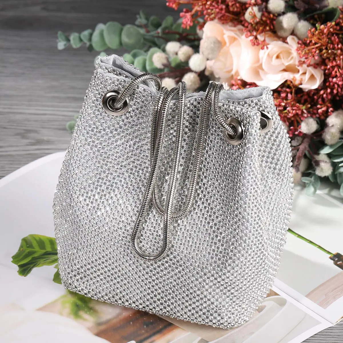 JIAN YA NA Full Rhinestones Bucket Bag for Women 15x11x16cm | Evening Bag with Long Chain for Wedding & Party - view 3