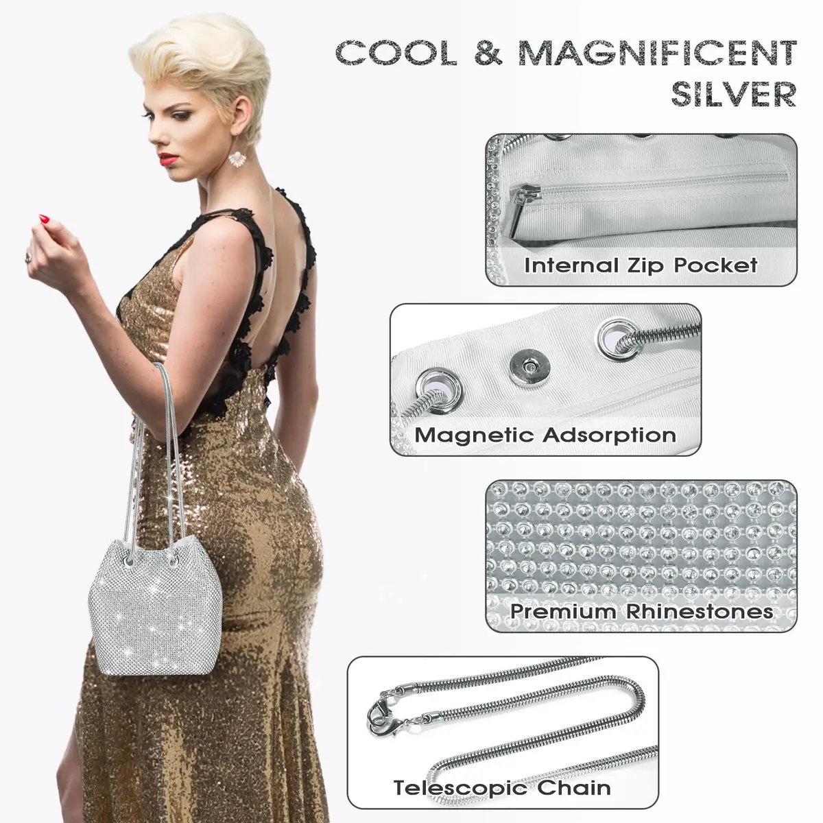 JIAN YA NA Full Rhinestones Bucket Bag for Women 15x11x16cm | Evening Bag with Long Chain for Wedding & Party - view 4