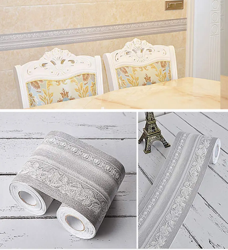 Yija 3D Wood Grain Self Adhesive Waterproof Wall Border 4 Inch | Easy to Apply Home Decor (Gray, 16.5 Ft) - view 5