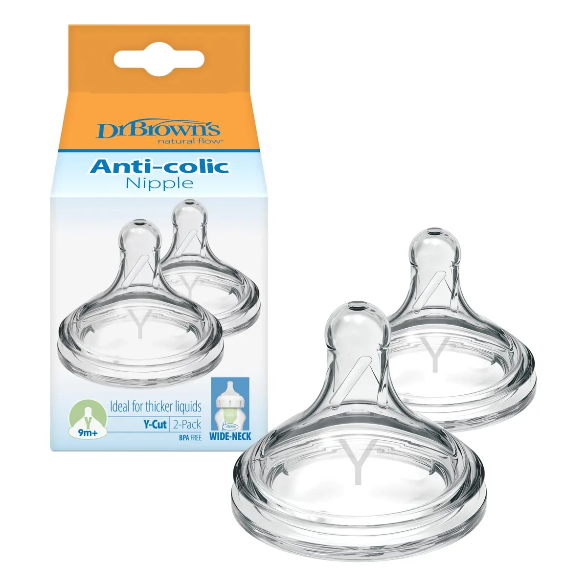 Dr. Brown's Wide-Neck Y-Cut Nipple, 9m+, 2-Pack | Silicone, Anti-Colic, Thick Liquids - main product image