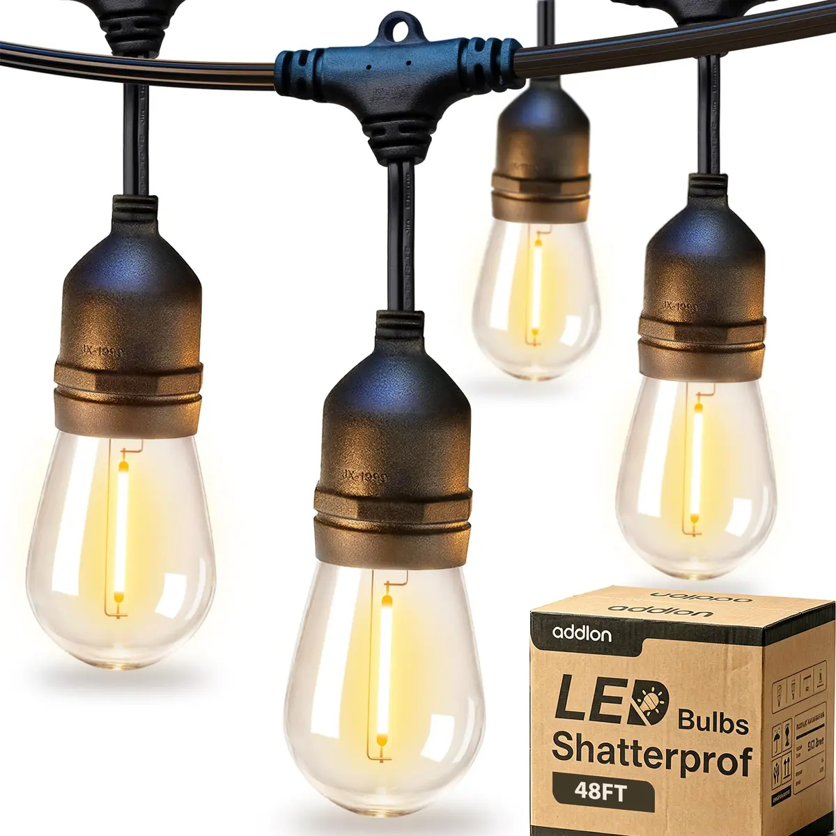 addlon LED Outdoor String Lights 48FT Vintage Weatherproof ETL | 15 Shatterproof Edison Bulbs | All Seasons - main product image