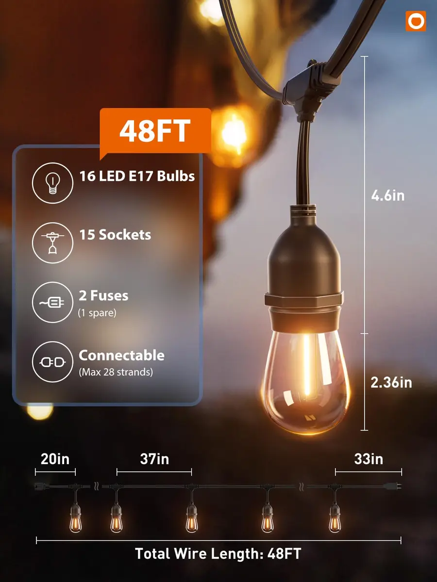 addlon LED Outdoor String Lights 48FT Vintage Weatherproof ETL | 15 Shatterproof Edison Bulbs | All Seasons - view 6
