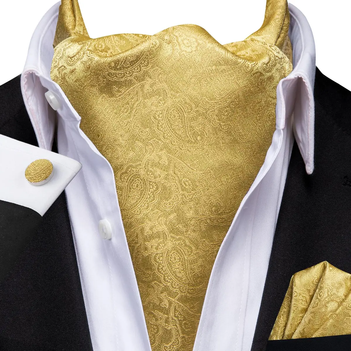 Dubulle Gold Paisley Floral Ascot Set for Men | Silk Blend Cravat, Pocket Square & Cufflinks - view 2